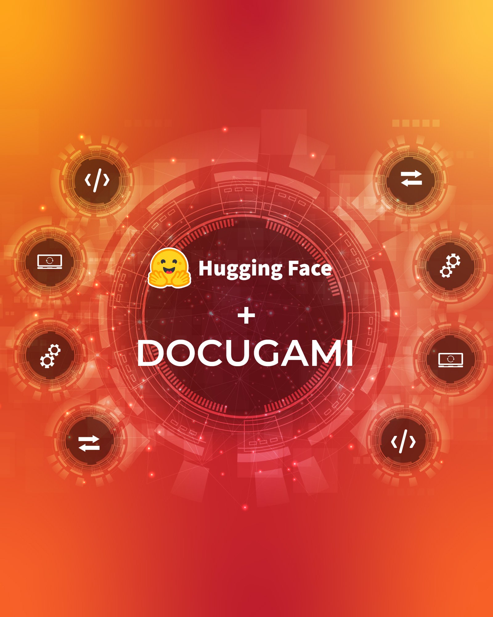 A digital image showing Hugging Face and Docugami in the center, surrounded by a variety of icons representing the ways developers will be able to transform business documents into data, harnessing the power of AI for business users.